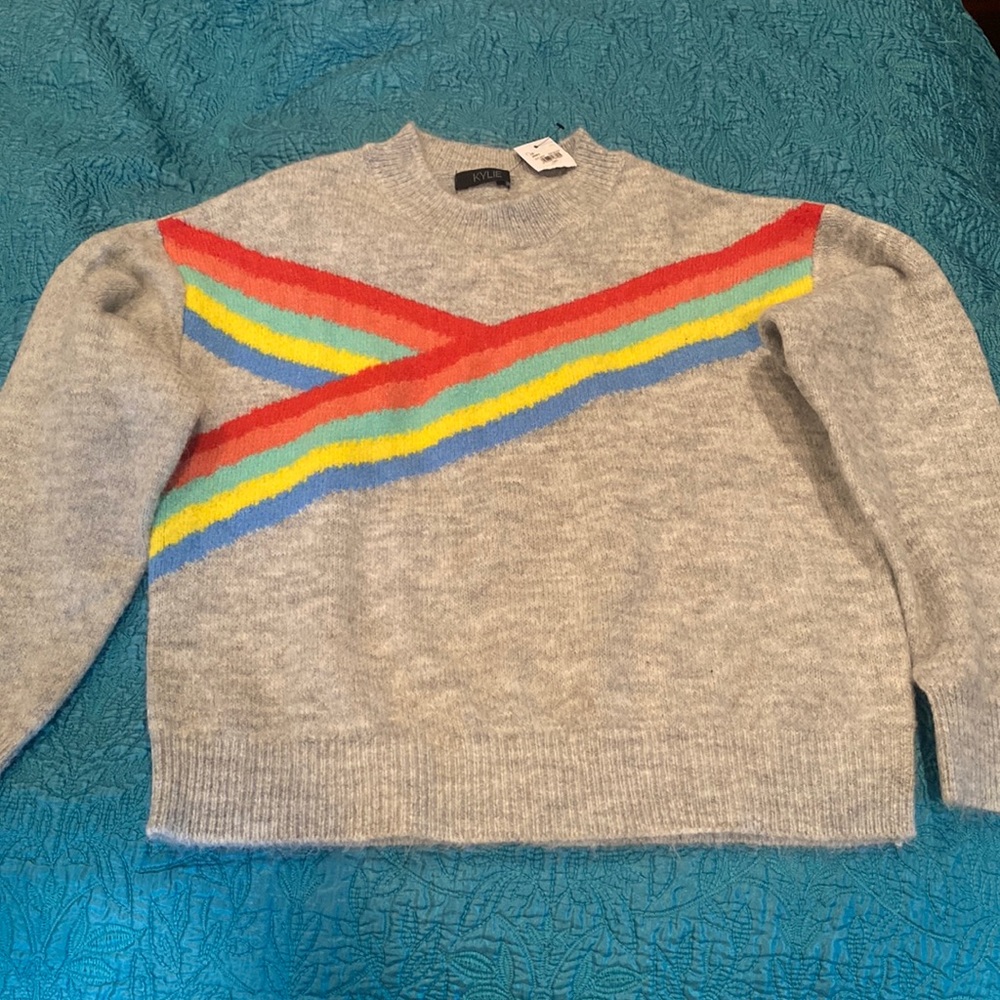 Super soft gray and rainbow stripes sweater. NEW!